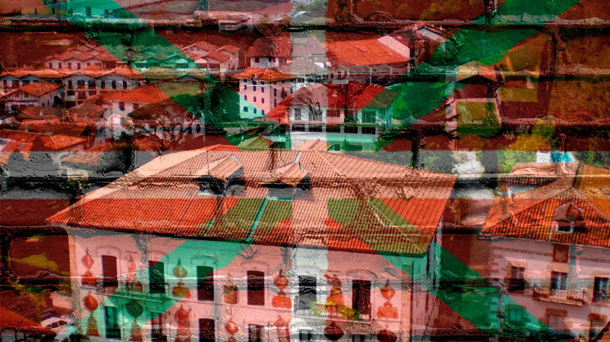 Fotomontaje de la localidad de Bera de Bidosoa con la ikurriña de fondo.