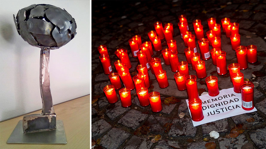 A la izquierda, la escultura que se quiere poner en Bayona y, a la derecha, un homenaje a las víctimas del terrorismo de ETA. BAKE BIDEA  ÍÑIGO ALZUGARAY
