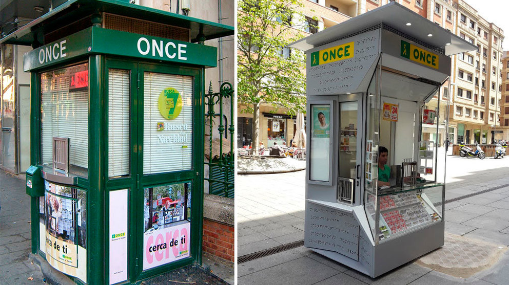 Un antiguo kiosko de la ONCE al lado del nuevo que se ha estrenado en Pamplona ONCE