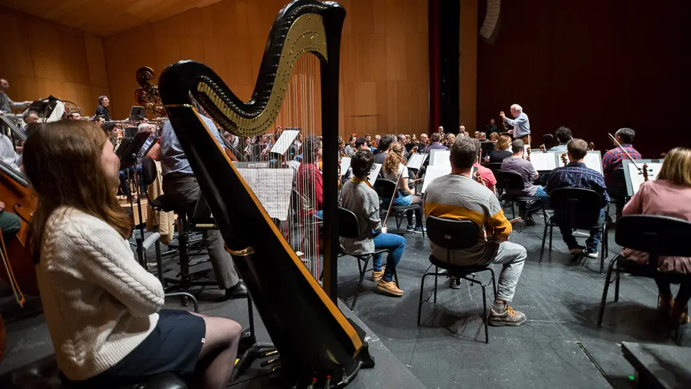 Jóvenes estudiantes de la Orquesta del Conservatorio Superior de Música de Navarra ensayan en Baluarte junto a la Sinfónica de Navarra (15). IÑIGO ALZUGARAY
