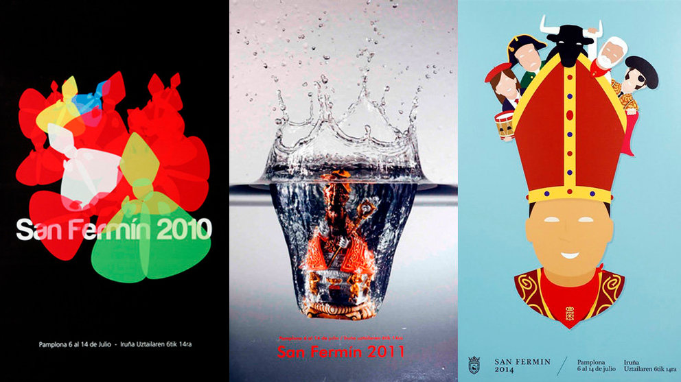 Imágenes de los carteles anunciados de los Sanfermines de 2010, 2011 y 2014, los últimos en los que se incluyó la imagen del santo ARCHIVO