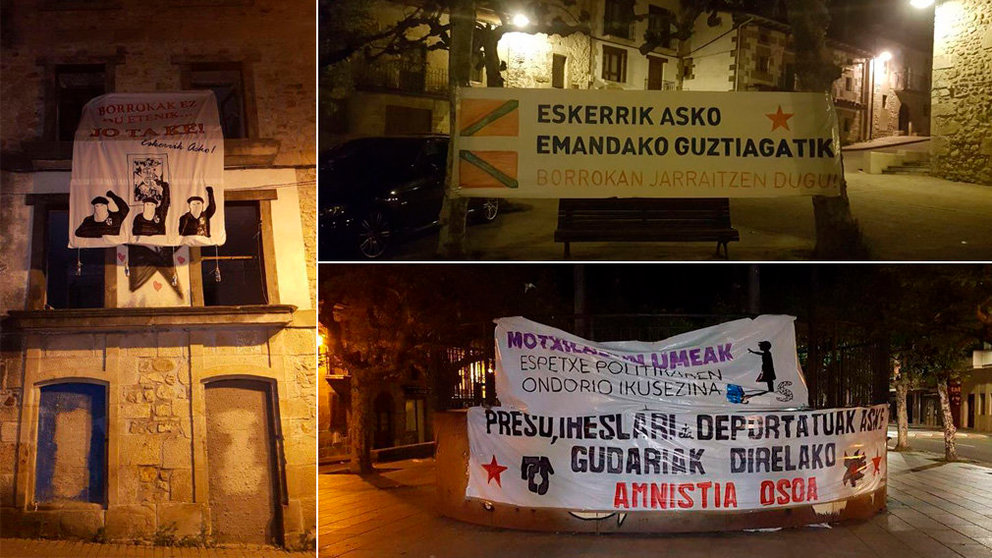Varios carteles con proclamas a favor de los terroristas etarras colocados en Alsasua y Echarri Aranaz. Fotos: Twitter @rumbopropio