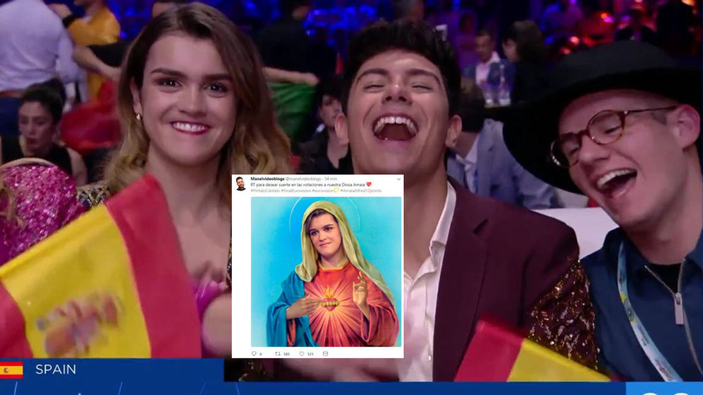 Amaia, Alfred y el compositor Raúl Gómez junto a uno de los memes de Eurovisión NAVARRACOM