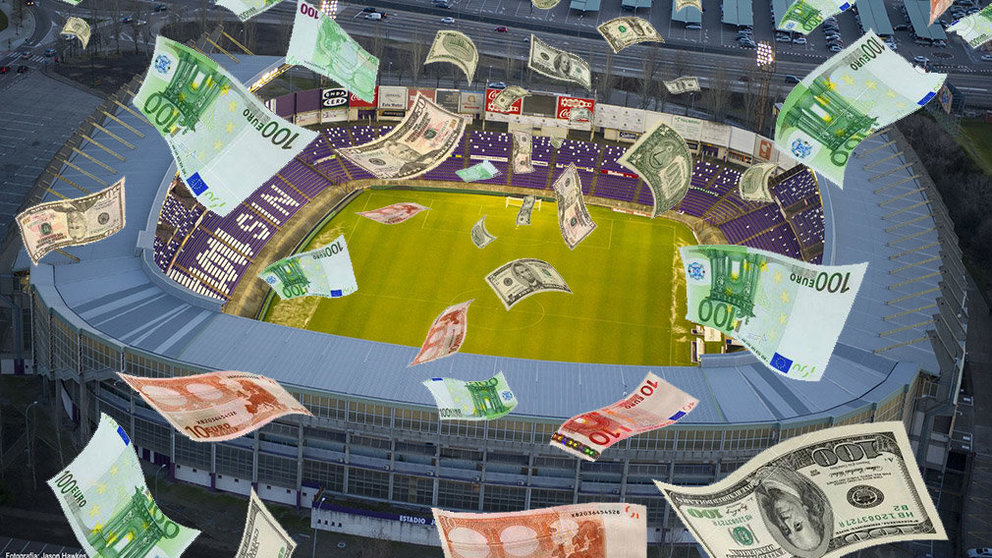Montaje del estadio José Zorrilla con una lluvia de billetes. REAL VALLADOLID NAVARRA.COM