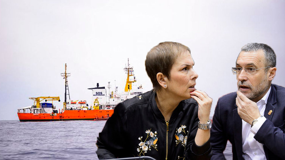 La presidenta de Navarra, Uxue Barkos, y el vicepresidente foral, Miguel Laparra, junto a una imagen del barco Aquarius FOTOMONTAJE