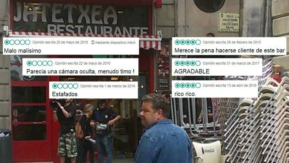 La fachada del antiguo restaurante Olé durante la grabación de Pesadilla en la cocina en Pamplona, junto a varias opiniones de clientes compartidas en internet NAVARRACOM