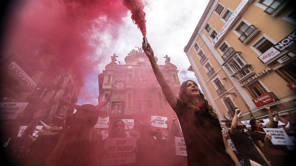 AnimaNaturalis y PETA realizan su tradicional protesta contra la tauromaquia en la víspera del inicio de las fiestas San Fermín (15). IÑIGO ALZUGARAY