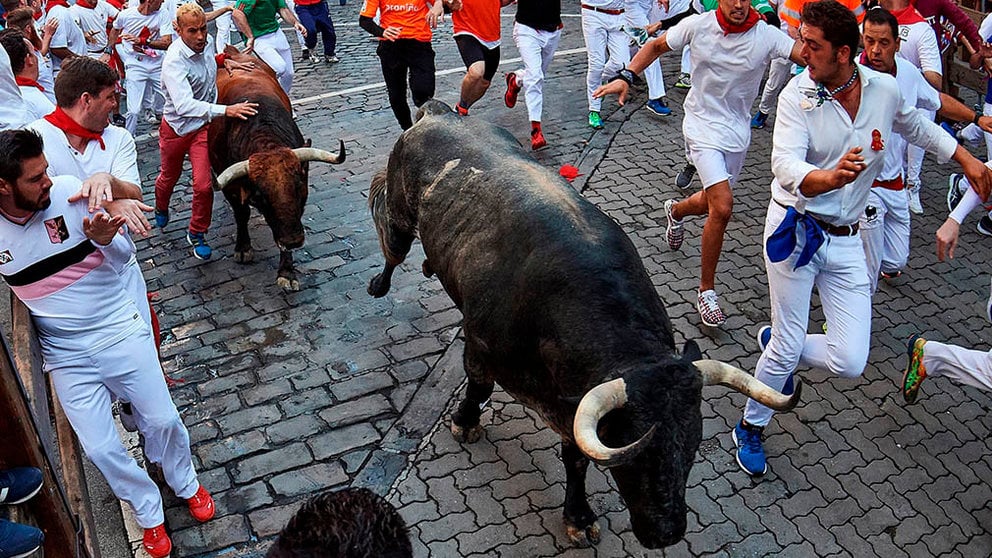 Los toros de la ganadería gaditana de Cebada Gago llegan a Telefónica durante el tercer encierro de los Sanfermines 2018 EFE 2