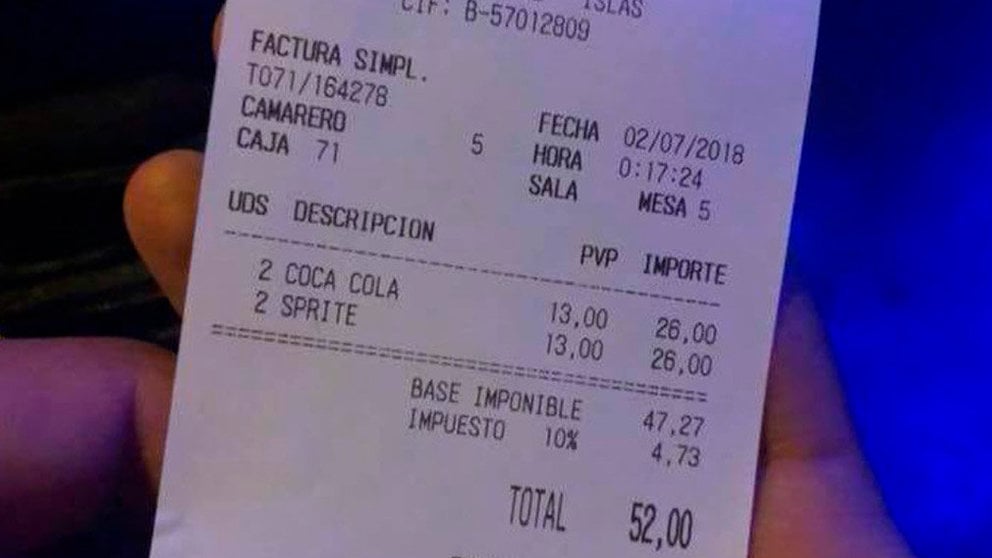 La factura de 52 euros en un bar de Ibiza