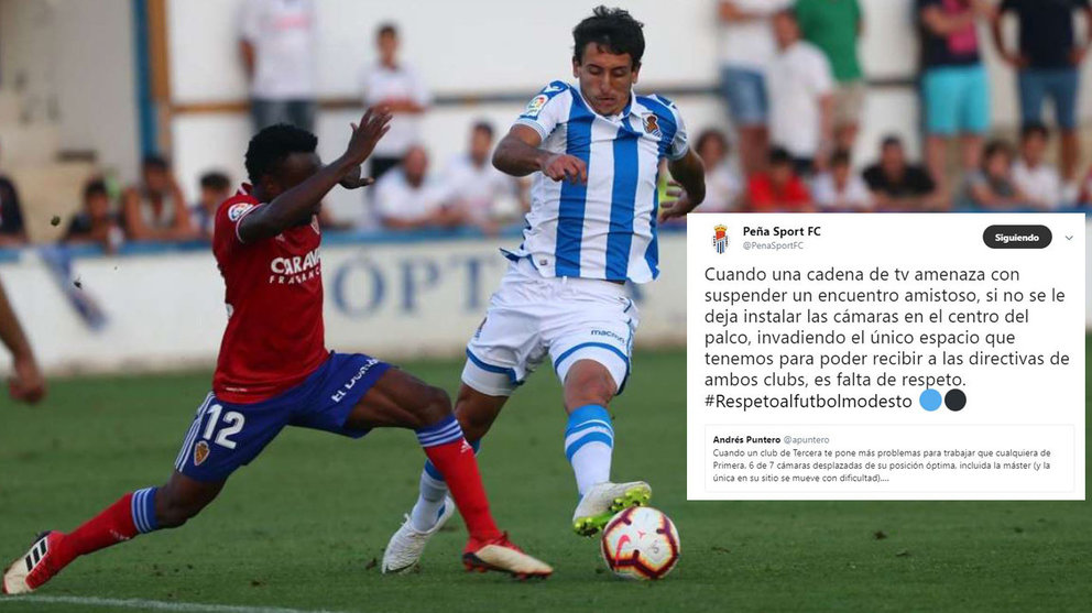 Imagen del partido entre Real Sociedad y Real Zaragoza en Tafalla y el cruce de tuits entre Peña Sport y el realizador de Aragón Tv. R.SOCIEDAD / NAVARRA.COM