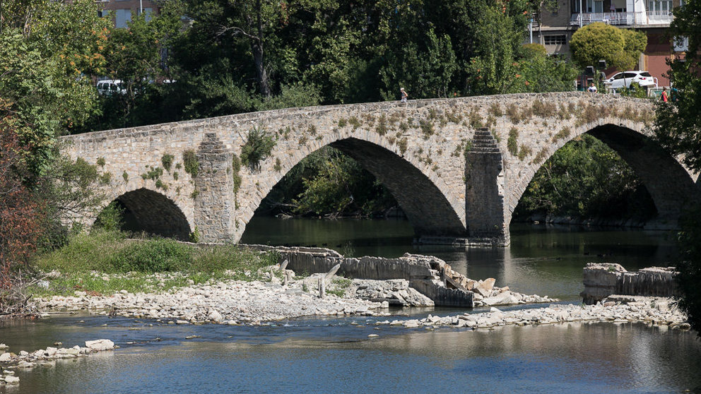 Estado del azud de Santa Engracia, a la altura del puente gótico que lleva su nombre en el río Arga (02). IÑIGO ALZUGARAY