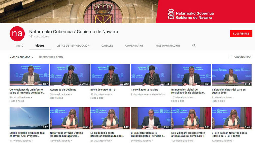 Vista del canal de Youtube del Gobierno de Navarra, donde se censuran las intervenciones íntegras..