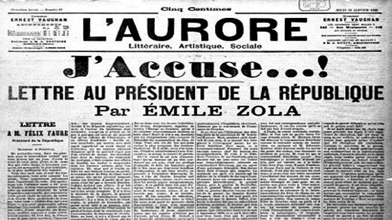 La carta de Émile Zola al presidente de República publicada en L’Aurore el 13 de enero de 1898.