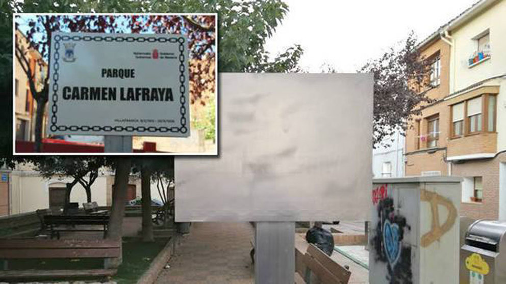 Ataque de una placa que da nombre a uno de los parques de Villafranca. CEDIDA