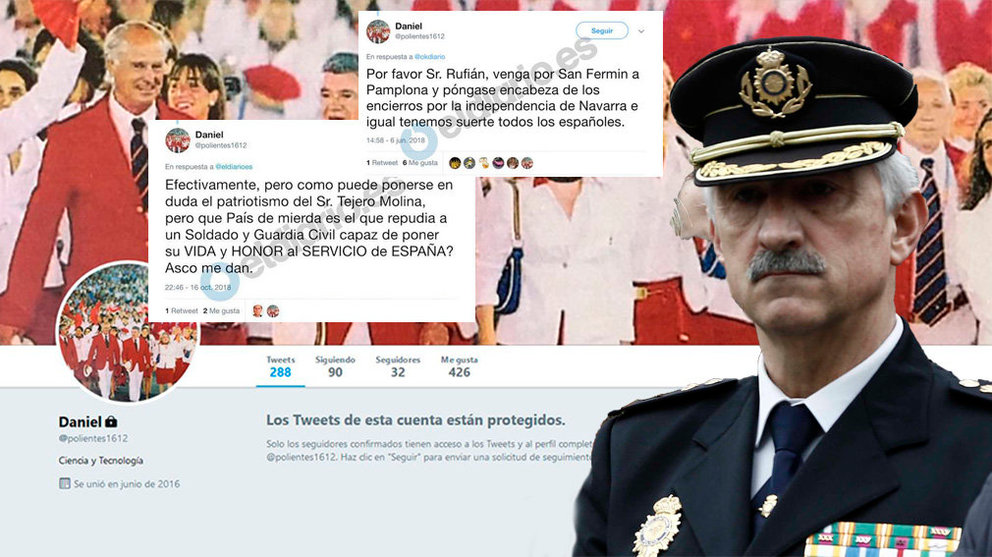 Daniel Rodríguez López, jefe superior del Cuerpo Nacional de Policía en Navarra, con algunos de los polémicos tuits publicados a través de su cuenta oculta en Twitter NAVARRACOM