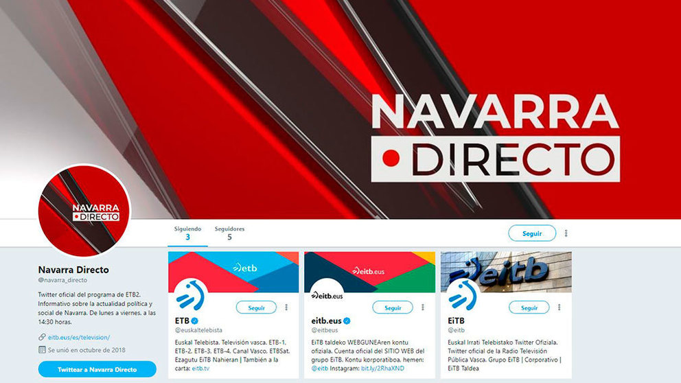 Perfil en Twitter del nuevo programa diario de la ETB que se estrenará en Navarra. TWITTER