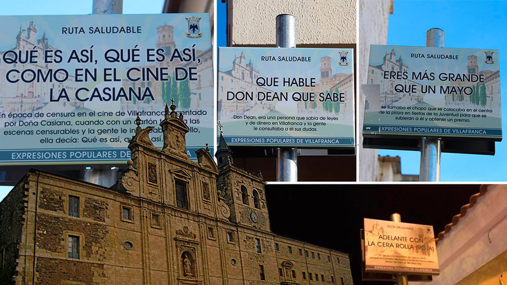 Imágenes de varios carteles con refranes populares instalados en Villafranca y que se ilustran con la iglesia leonesa de Villafranca del Bierzo NAVARRACOM