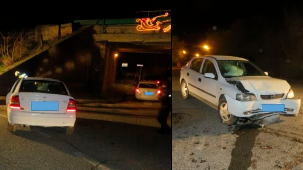 Imagen del coche que se ha empotrado contra el túnel del ferrocarril junto al puente del Ebro en Tudela POLICÍA LOCAL DE TUDELA