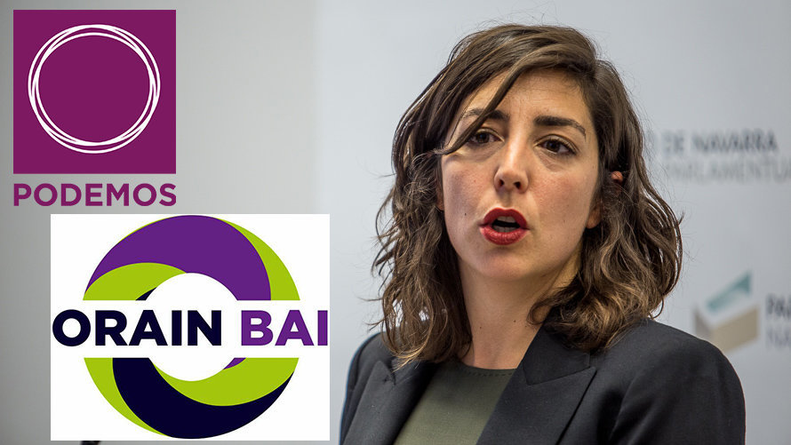 La portavoz de Orain Bai en el Parlamento de Navarra junto al logo de Podemos (arriba) y el nuevo de su formación recién creada, Orain Bai. 