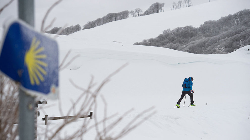 Un esquiador aprovecha el temporal para realizar un travesía por el camino de Santiago a su paso por el Alto de Ibañeta en un día marcado por el tiempo de nieve en Navarra. EFE/Iñaki Porto.