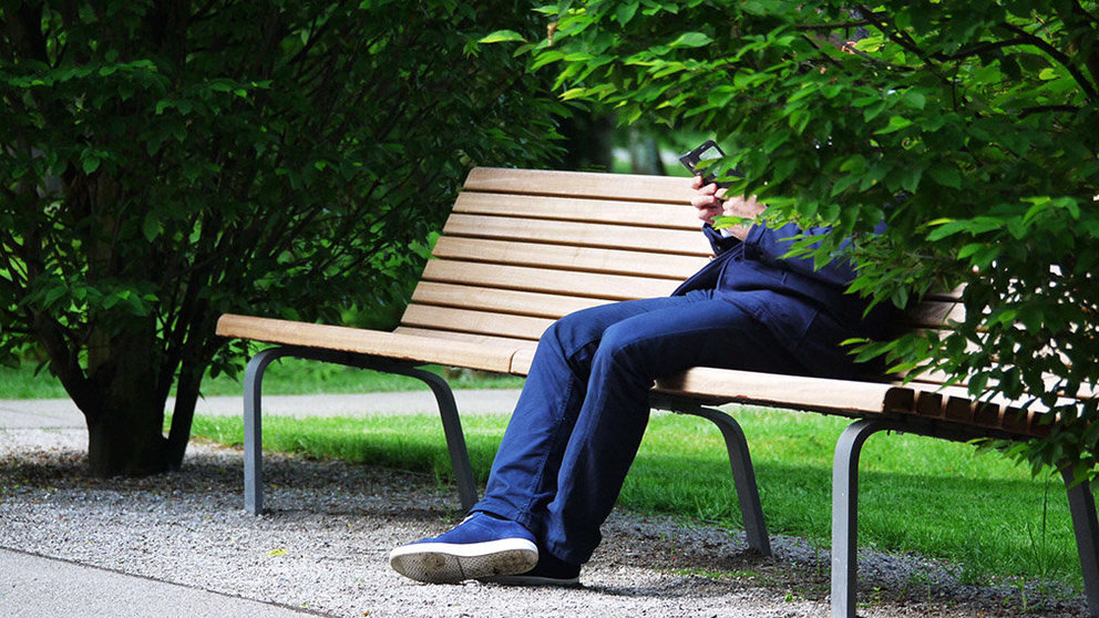 Imagen de un hombre sentado en el banco de un parque con la cara oculta tras unas ramas ARCHIVO