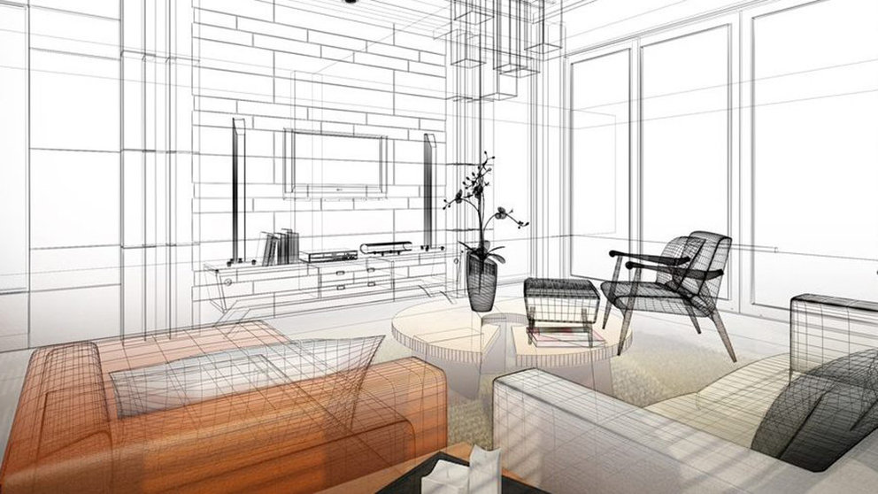 Imagen de un boceto del diseño del interior del salón de una futura vivienda en construcción ARCHIVO