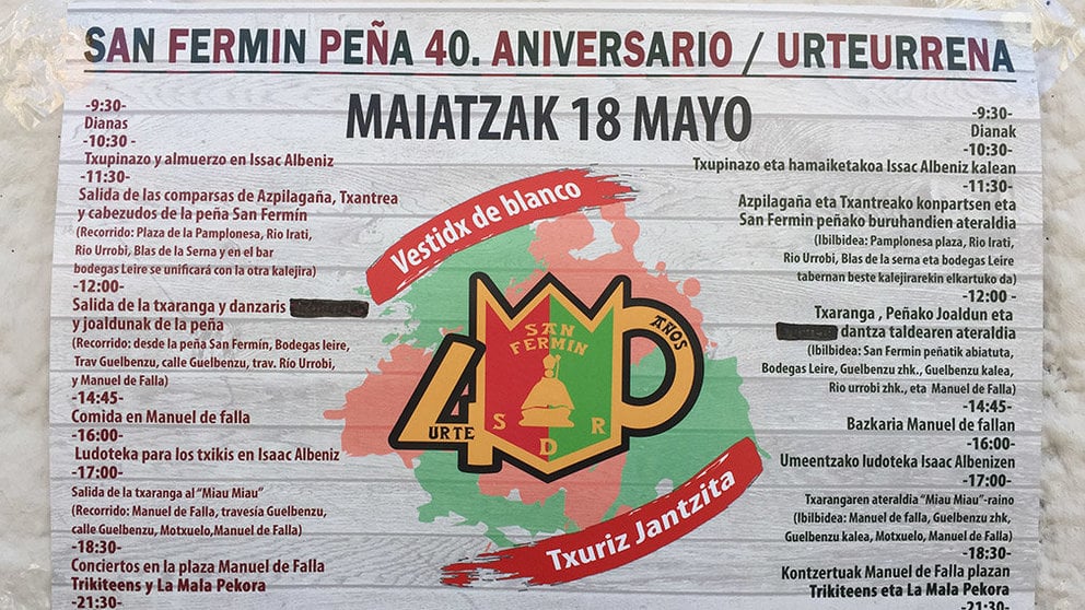 Cartel de la Peña San Fermín para celebrar su 40 aniversario en La MIlagrosa.