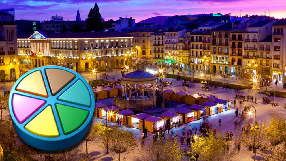 Imagen de la Plaza del Castillo de Pamplona junto con uno de los quesitos del popular juego de mesa sobre cultura general Trivial FOTOMONTAJE