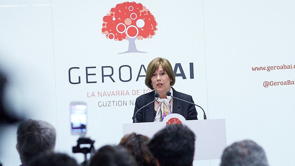 La presidenta del Gobierno de Navarra en funciones, Uxue Barkos, ofrece una rueda de prensa en la sede de Geroa Bai