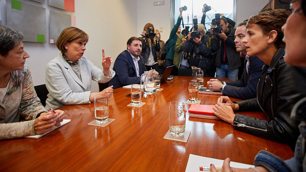 Reunión entre María Chivite (PSN) y Uxue Barkos (Geroa Bai) en el marco de la ronda de contactos que inicia la candidata socialista a la Presidencia del Gobierno de Navarra. IÑIGO ALZUGARAY
