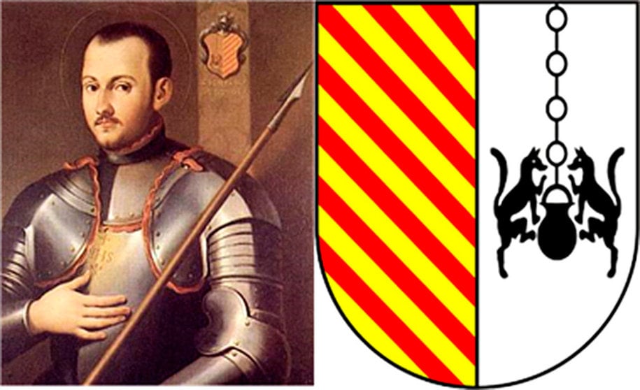 Íñigo López de Loyola con armadura y el escudo de los Oñaz-Loyola con las siete bandas coloradas y el caldero con los dos lobos. 