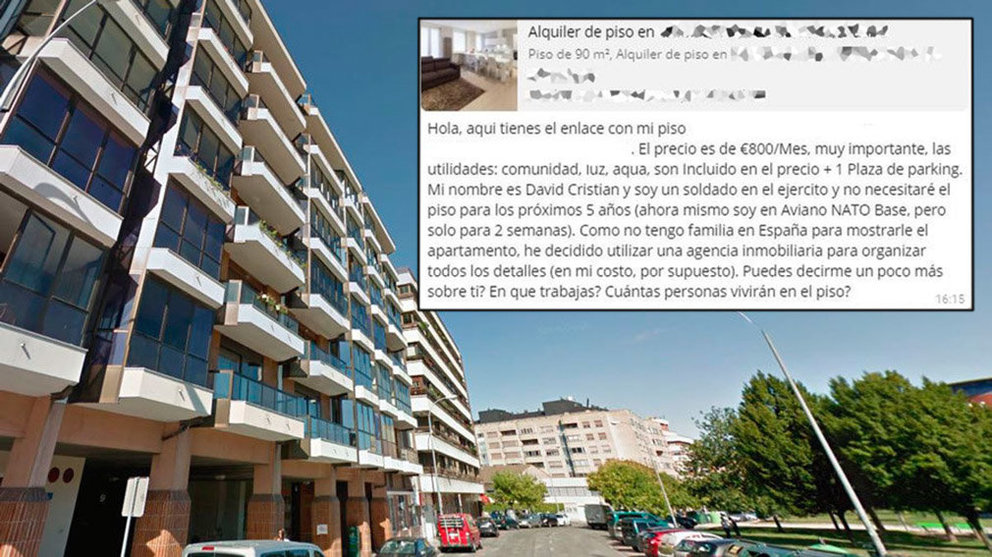 Imagen de archivo de un bloque de pisos en Pamplona junto a un anuncio fraudulento en una web de alquiler de pisos que busca recibir un pago antes de poder firmar el supuesto contrato NAVARRACOM