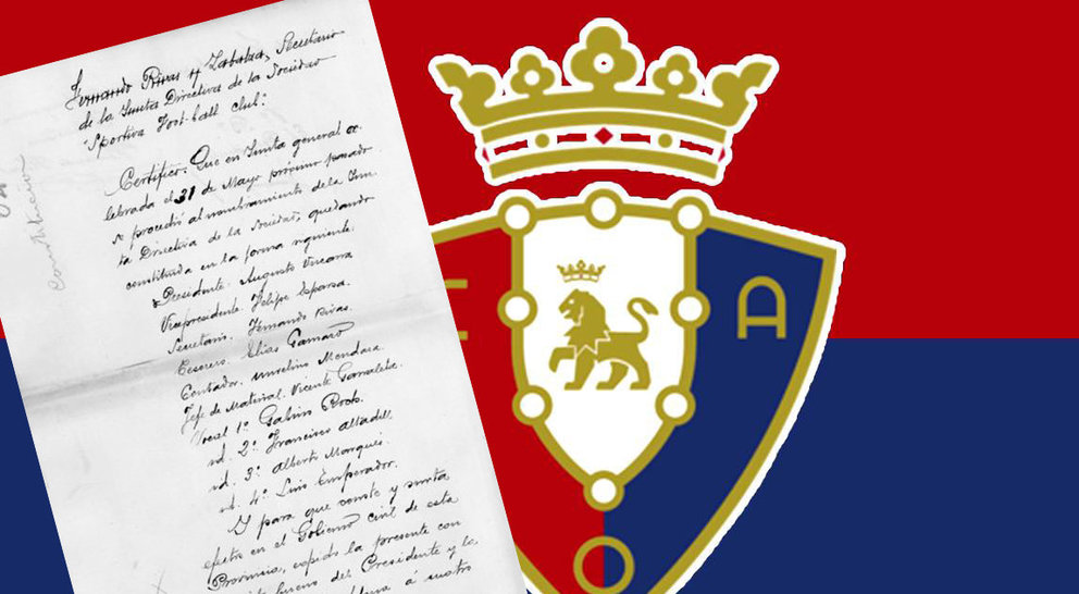 Documento de constitución de la junta directiva de la Sportiva, primer nombre de Osasuna, fechado el 31 de Mayo de 1919.