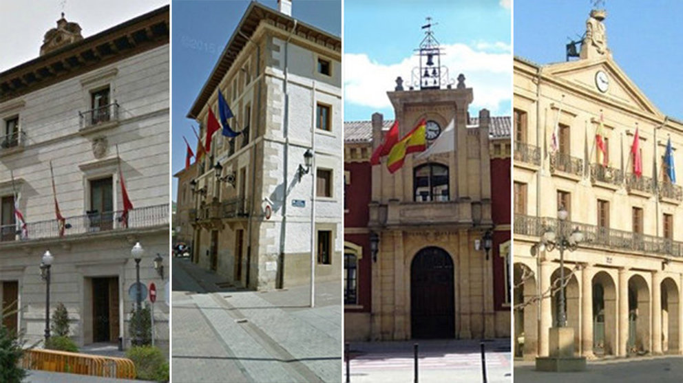 Imagen de las fachadas de los Ayuntamientos de Tudela, Villava, Estella y Tafalla, algunas de las localidades con más habitantes de Navarra