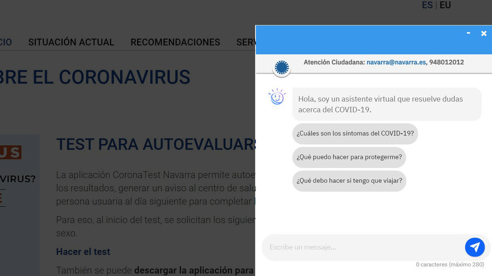 Imagen del asistente virtual en la web temática del coronavirus del Gobierno de Navarra. NAVARRACOM