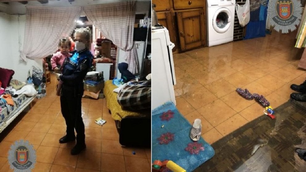 Bomberos y Policía Local de Tudela han tenido que socorrer a una familia a la que las fuertes tormentas han inundado su casa. POLICÍA LOCAL DE TUDELA