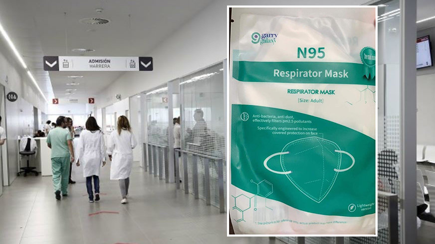 Imagen de las mascarillas defectuosas, junto a una fotografía de Urgencias del Complejo Hospitalario de Navarra