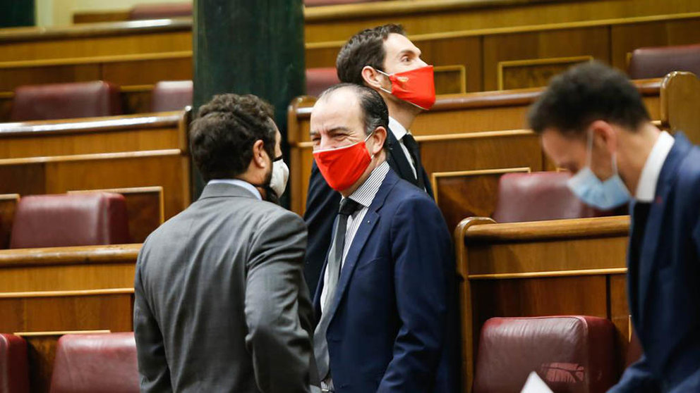 Los diputados de UPN Sergio Sayas y Carlos García Adanero en el Congreso de los Diputados con mascarillas con el escudo de Navarra.
