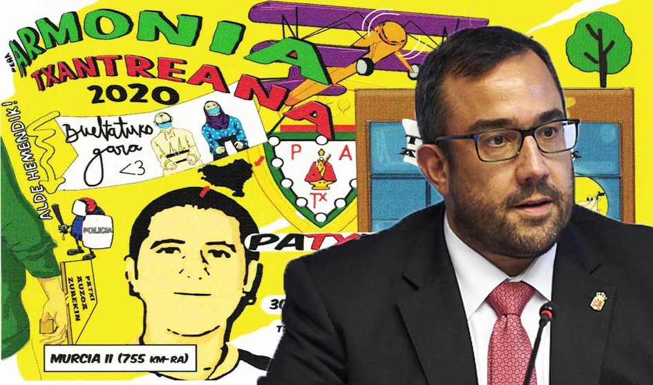 El vicepresidente del Gobierno de Navarra, Javier Remírez, junto a la pancarta de la peña Armonía Txantreana para San Fermín 2020