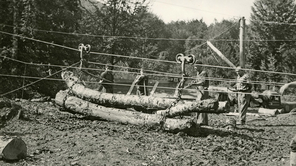 La fotografía de Jesús Lacasia muestra cómo se trabajaba la madera a principios del siglo 20 en Irati.  GOBIERNO DE NAVARRA
