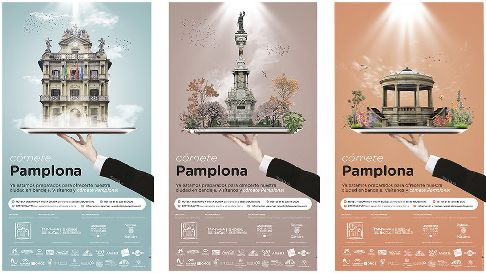 Varios de los carteles promocionales de Cómete Pamplona para impulsar el turismo en este verano 2020. AYUNTAMIENTO DE PAMPLONA