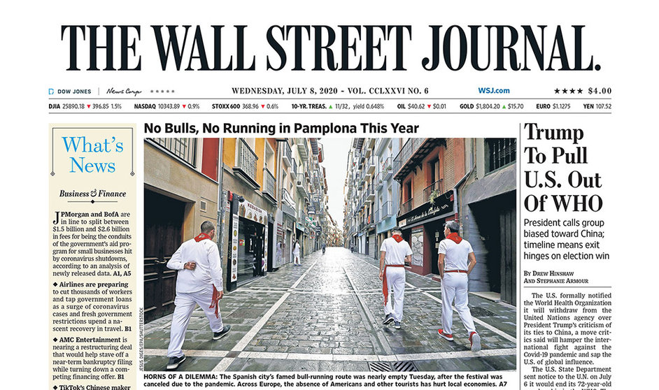 Los &#34;no encierros&#34; de San Fermín, protagonistas de la portada del 8 de julio de 2020 del Wall Street Journal. JESÚS DIJES
