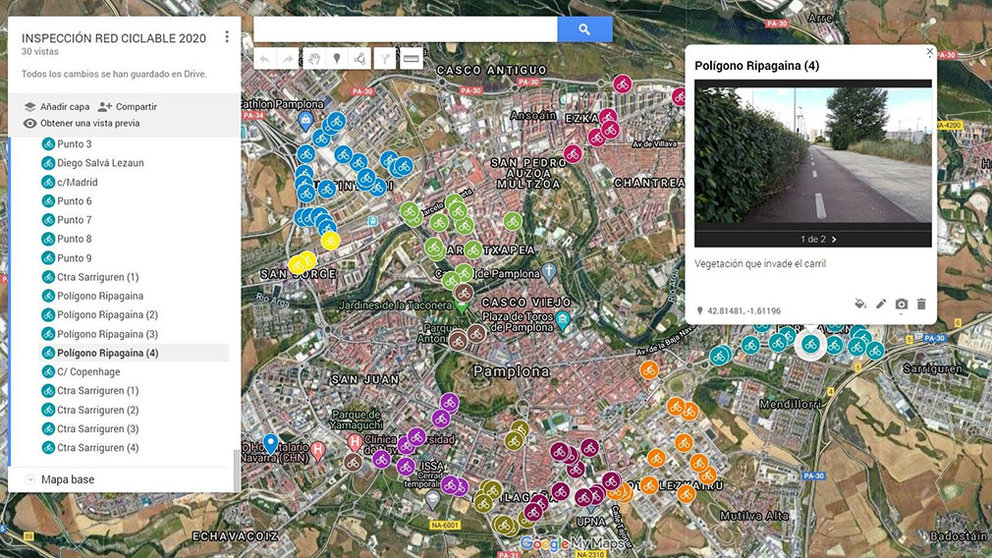 Visor digital utilizado para realizar la auditoría de las infraestructuras ciclables de Pamplona. AYUNTAMIENTO DE PAMPLONA