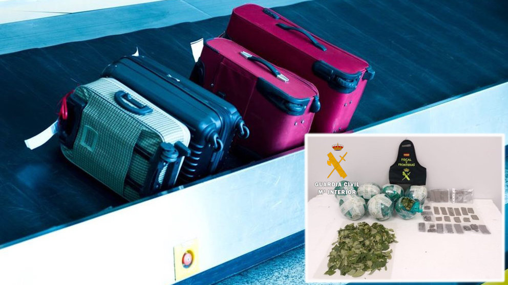 Montaje con maletas en una cinta de aeropuerto y la droga incautada en Pamplona EP GUARDIA CIVIL