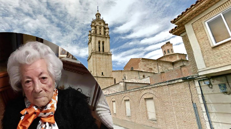 La centenaria Victorina Subero Salcedo juntoa  la Iglesia de los Arcos. CEDIDA