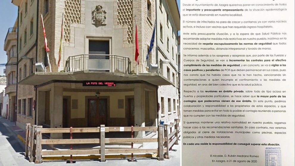 Fachada del Ayuntamiento de Azagra junto al comunicado remitido por el alcalde. ARCHIVO