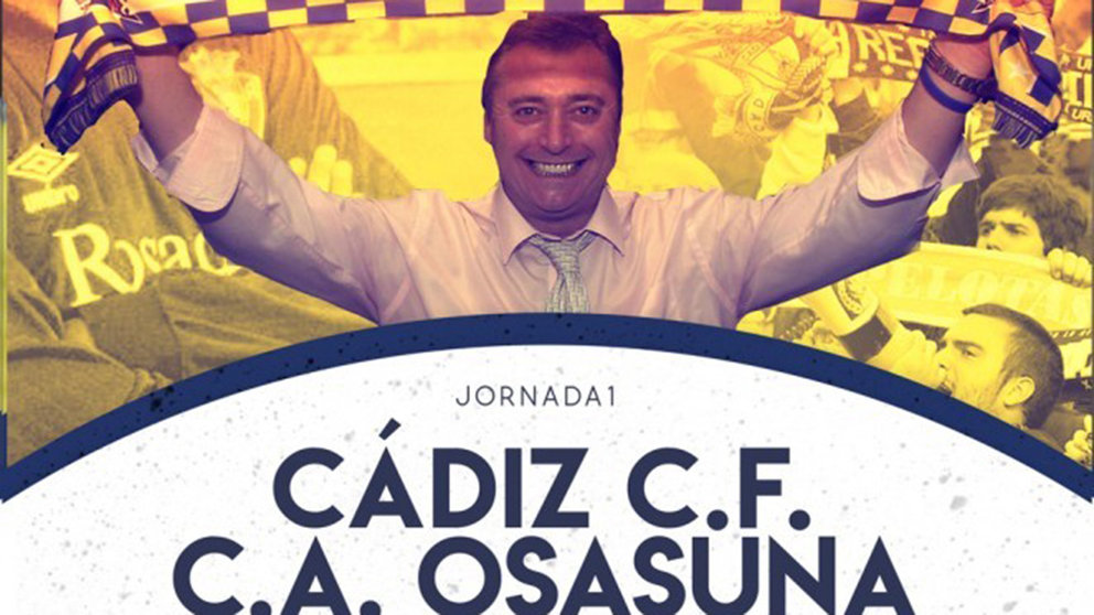 Cartel del partido Cádiz - Osasuna con la figura del exrojillo Michael Robinson.