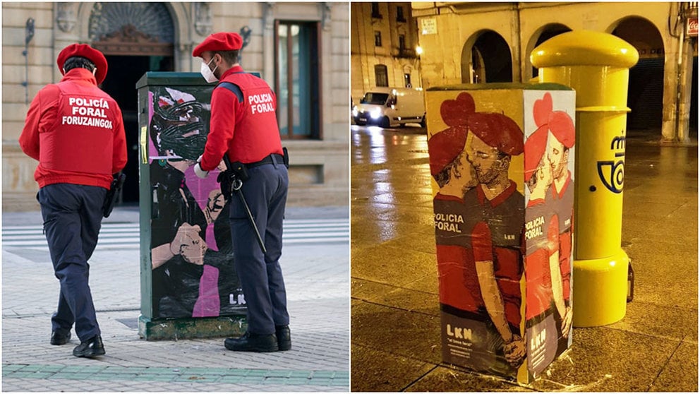 Dos agentes de la Policía Foral arrancaron el cartel de El Beso entre María Chivite y Bakartxo Ruiz. A la derecha, el nuevo dibujo de LKN con dos agentes de la Policía Foral besándose.