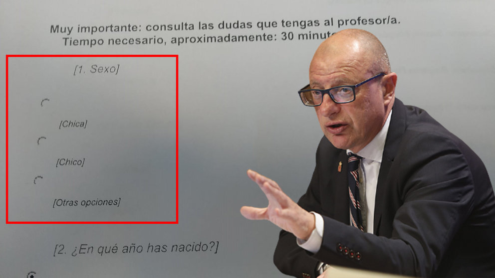 Fotomontaje sobre la pregunta de la encuesta y el consejero de Educación navarro, Carlos Gimeno. NAVARRACOM