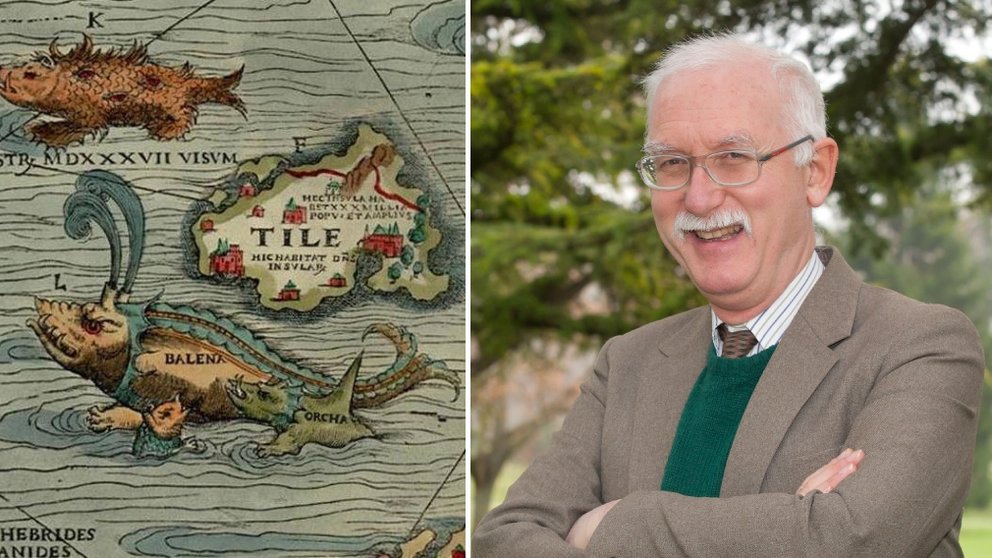 La isla de Thule en la Carta Marina, el mapa más antiguo sobre los países nórdicos; y el filólogo de la Universidad de Navarra Andrew Charles Breeze. UNAV
